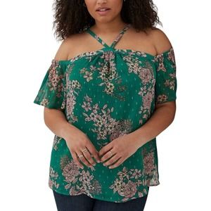 NWT! Torrid Cold Shoulder Halter Top Crinkle Chiffon Floral Green Plus Size 5x